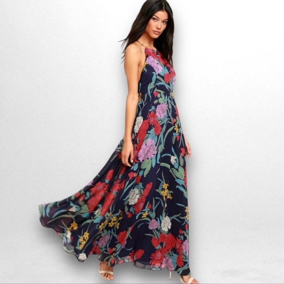 Lulus Floral Print Maxi Dress A Dream Navy Blue Open Back Spaghetti Strap Small - Picture 1 of 13